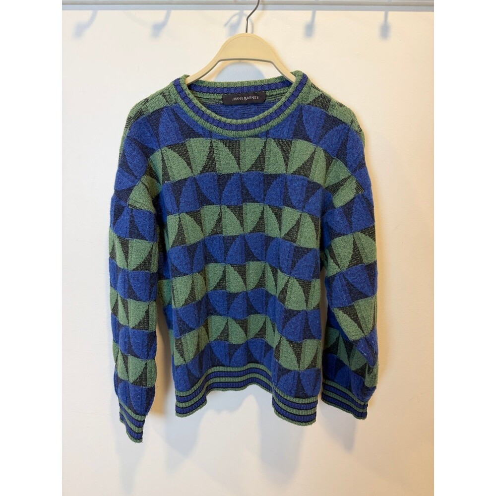 Vintage Jhane Barnes Wool Blend Sweater Geometric Blue Green Black